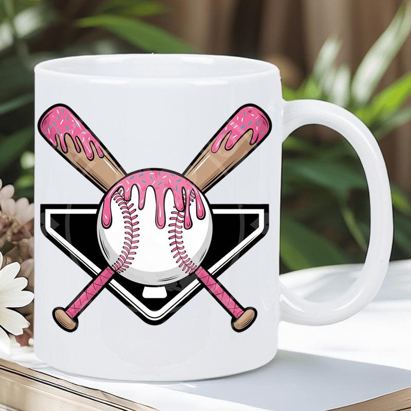 Tailorly White Ceramic 11 oz Mug - Two Crossed Bats With Pink Dripping Icing Behind A Sporty Baseball