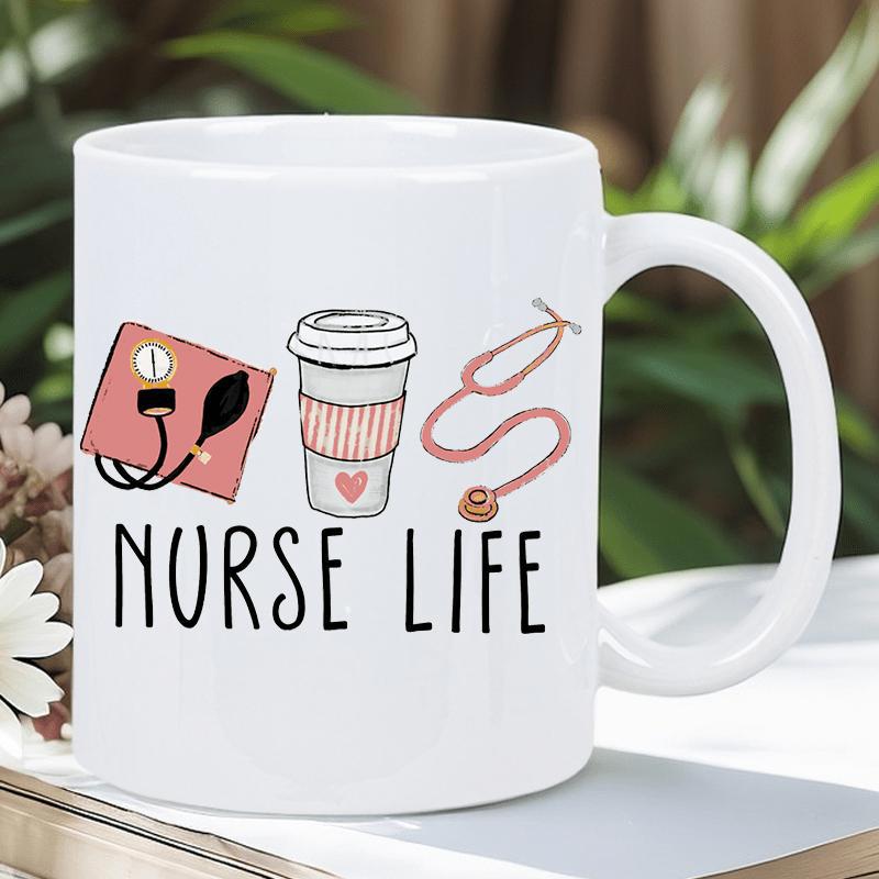 Tailorly White Ceramic 11 oz Mug - Nurse Life Hand Drawn Pink Medical Tools Featuring Coffee Cup And Heart Stethoscope