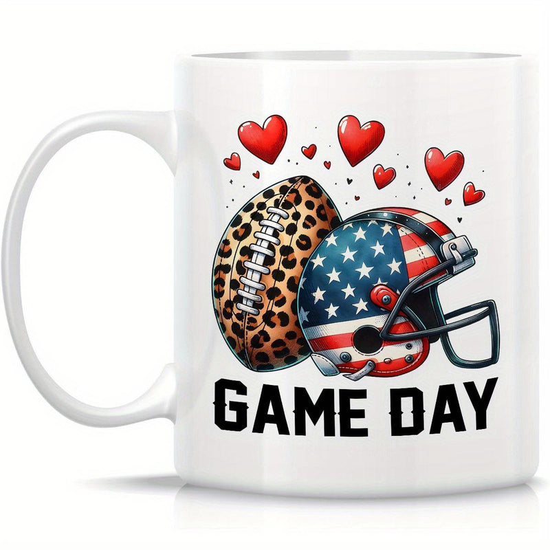 Tailorly White Ceramic 11 oz Mug - Game Day Patriotic American Flag Helmet With Leopard Print Sports Football
