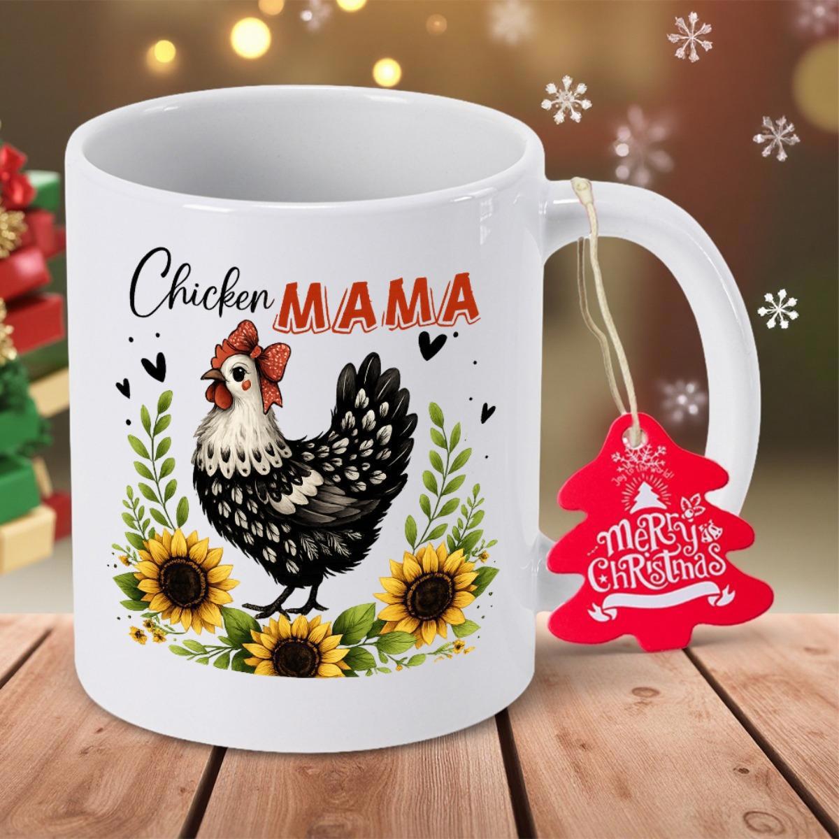 Tailorly White Ceramic 11 oz Mug - Chicken Mama Speckled Hen Wearing Red Bow Surrounded By Vibrant Golden Sunflowers Hen