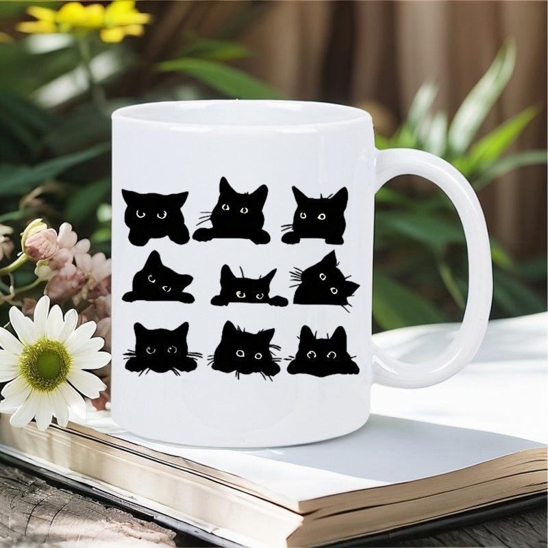Tailorly White Ceramic 11 oz Mug - Curious Peeking Black Feline Silhouettes Arranged On A Pure White Background Cat