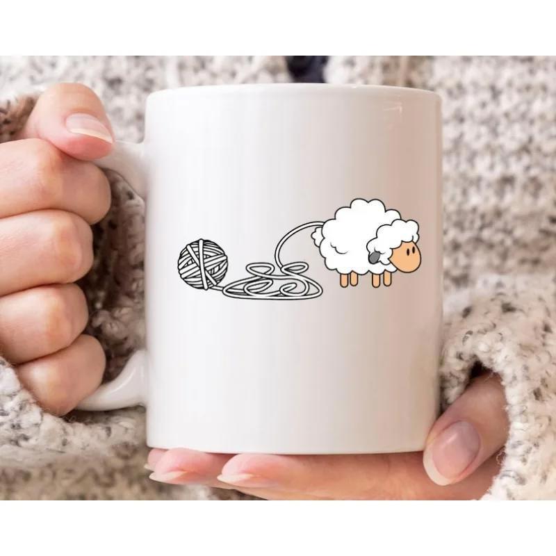 Tailorly White Ceramic 11 oz Mug - Adorable Illustration Of A Fluffy Animal With A Ball Of Yarn Sheep
