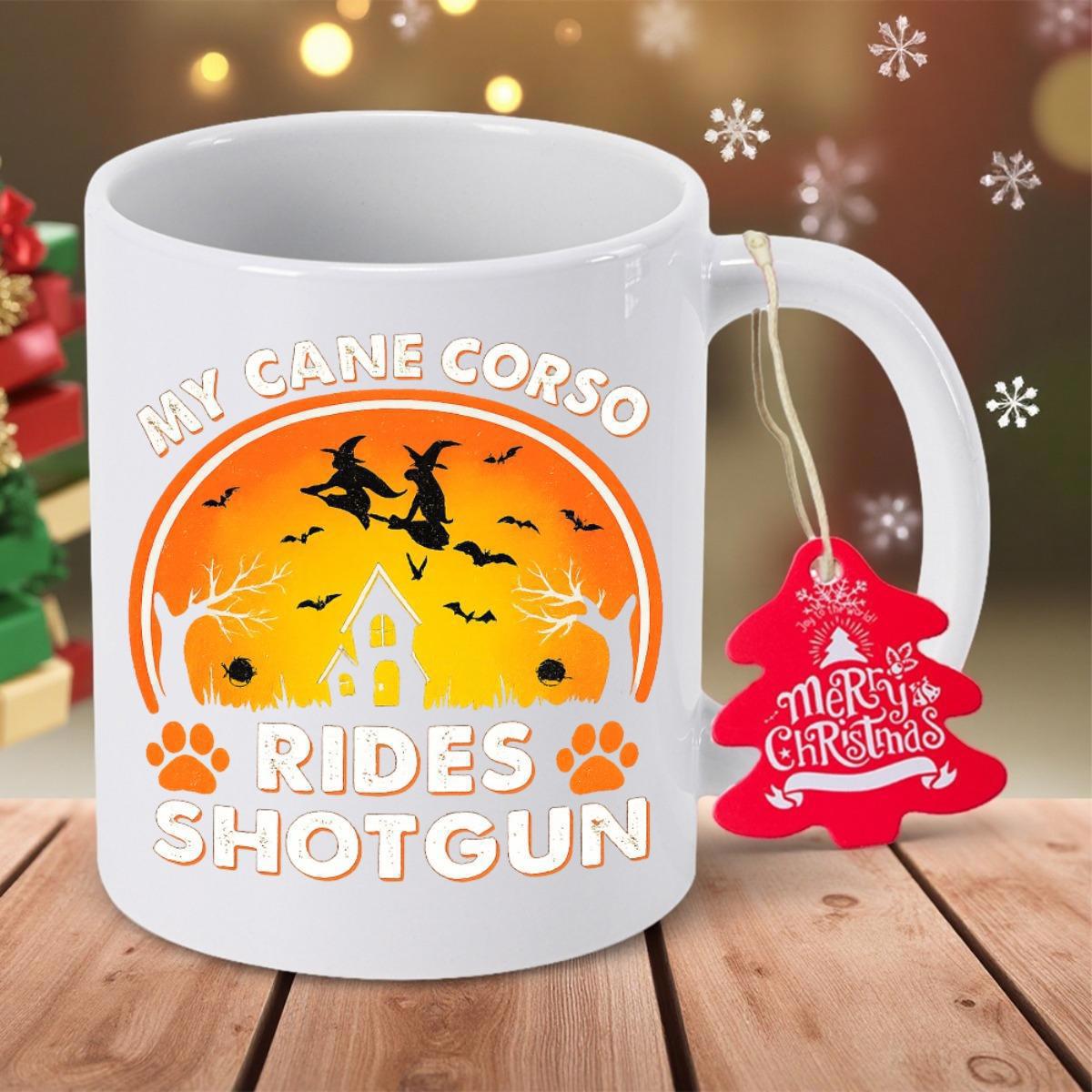 Tailorly White Ceramic 11 oz Mug - My Cane Corso Rides Shotgun Silhouette Witches Flying Across Sunset Among Bats And Haunted Castle Dog