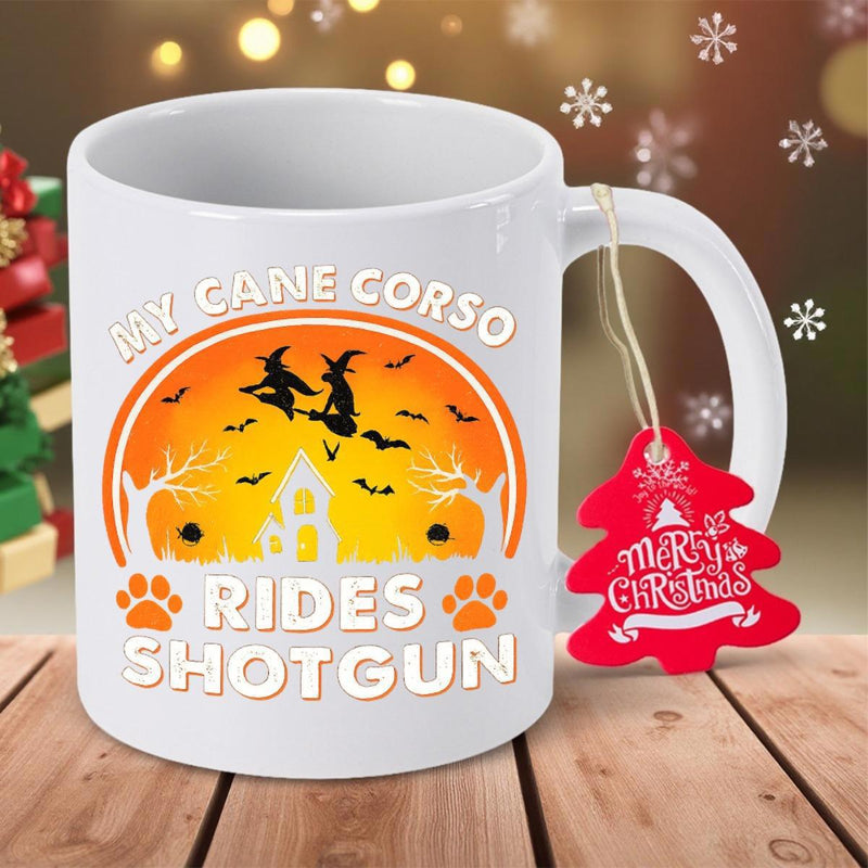 Tailorly White Ceramic 11 oz Mug - My Cane Corso Rides Shotgun Silhouette Witches Flying Across Sunset Among Bats And Haunted Castle Dog
