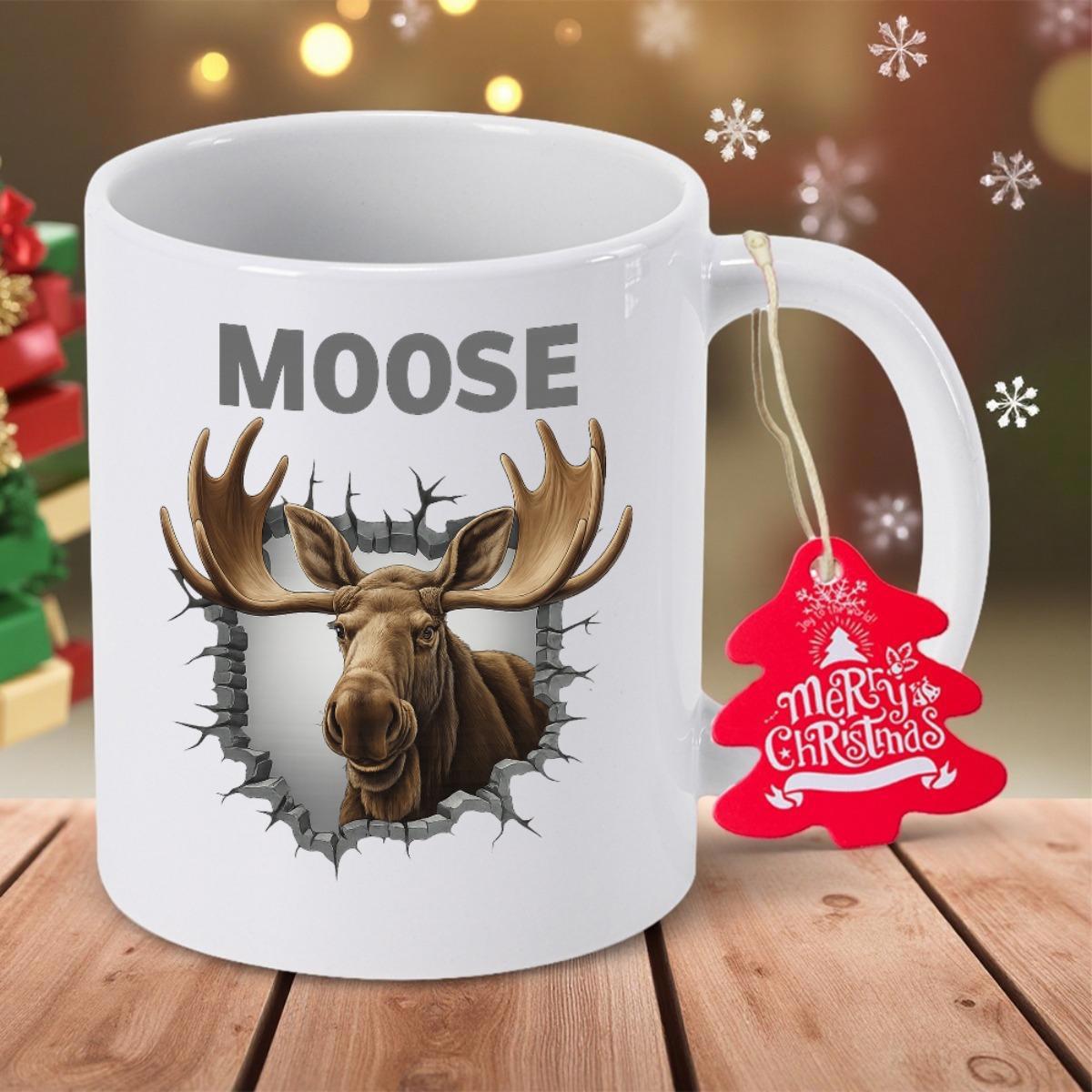 Tailorly White Ceramic 11 oz Mug - Moose Powerful Wild Animal Peeking Through A Realistic Cracked Stone Wall Moose