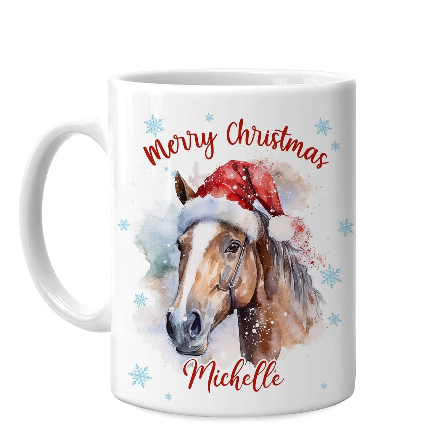 Tailorly White Ceramic 11 oz Mug - Merry Christmas Michelle Watercolor Portrait Wearing Festive Red Santa Hat Surrounded By Delicate Blue Snowflakes Horse