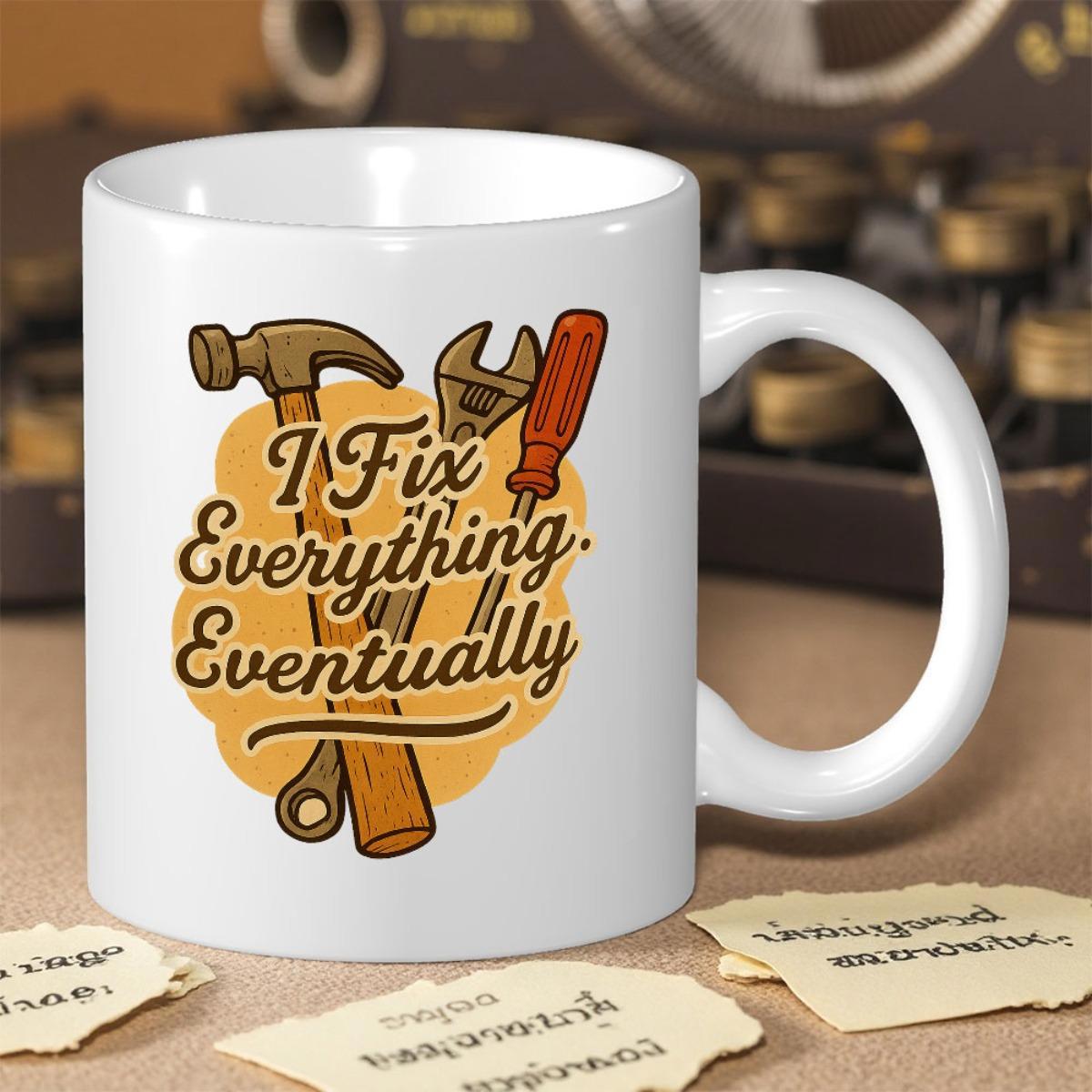 Tailorly White Ceramic 11 oz Mug - I Fix Everything Eventually Vintage Workshop Tools With Wrench And Screwdriver Behind Distressed Hammer