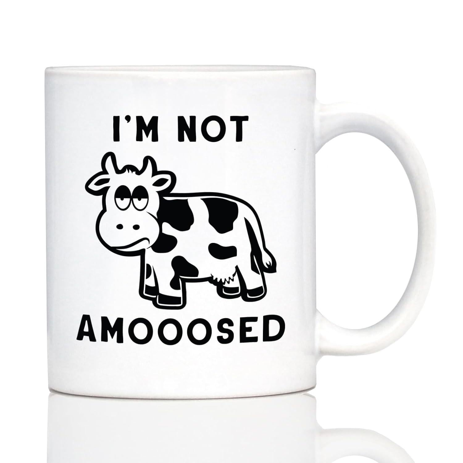 Tailorly White Ceramic 11 oz Mug - Im Not Amooosed Simple Black And White Spotted Cartoon Cow Standing With An Unimpressed Expression Cow