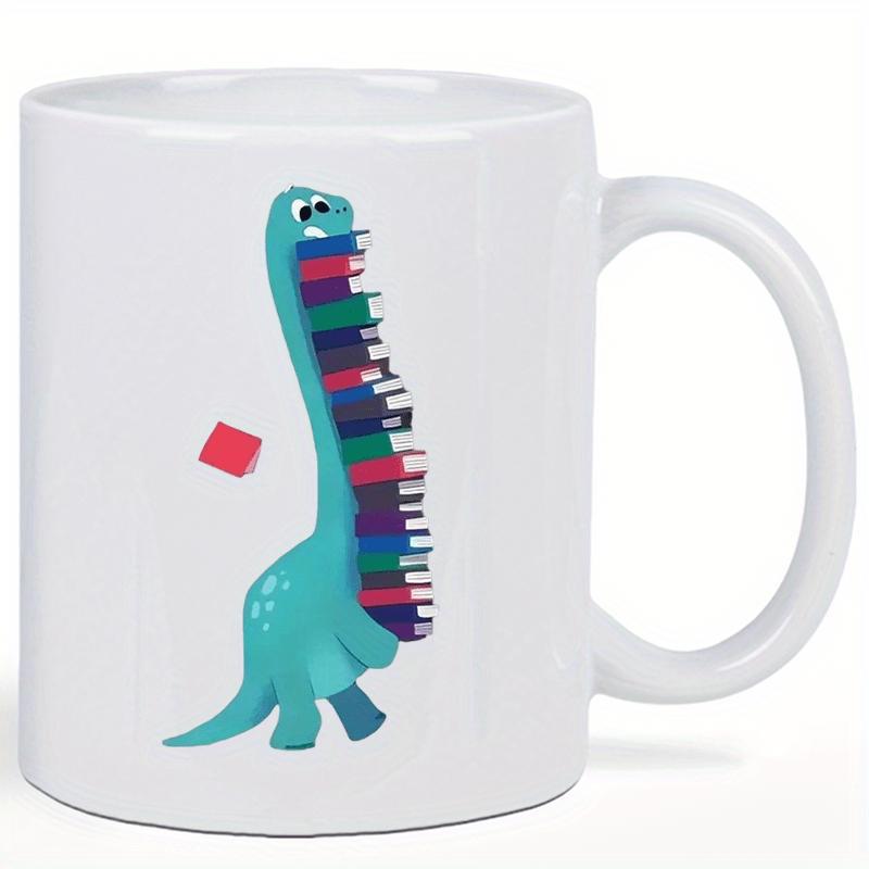 Tailorly White Ceramic 11 oz Mug - Teal Long Neck Creature Carrying Tall Stack Of Colorful School Books Dinosaur