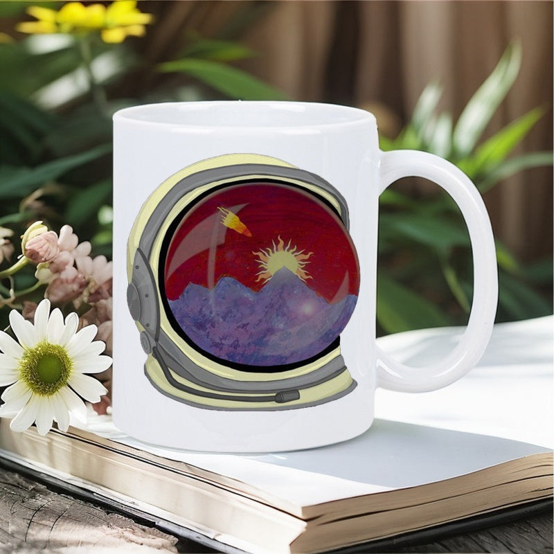Tailorly White Ceramic 11 oz Mug - Illustrative Space Visor Reflecting Purple Mountains And Glowing Golden Sun Helmet