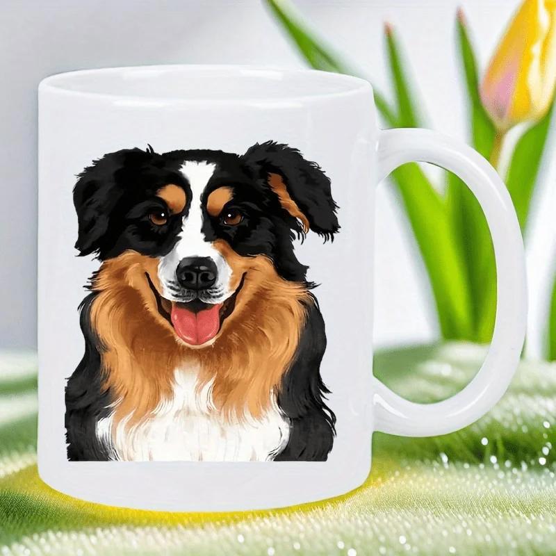 Tailorly White Ceramic 11 oz Mug - Smiling Bernese Mountain Dog With Soft Black Tan And White Fur Dog