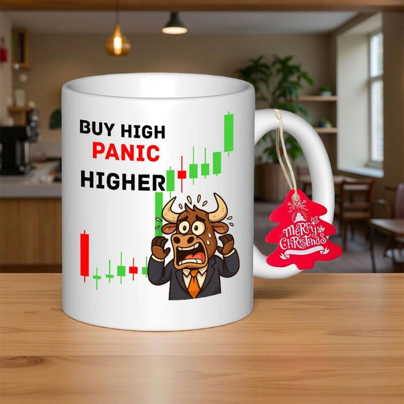 Tailorly White Ceramic 11 oz Mug - Buy High Panic Higher Panicked Cartoon Bull Wearing Business Suit Among Trading Charts Bull