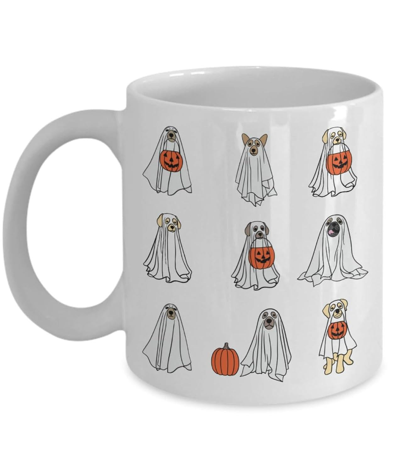Tailorly White Ceramic 11 oz Mug - Cute Halloween Puppies Dressed As Spooky Ghosts Carrying Carved Orange Pumpkin Buckets Dog