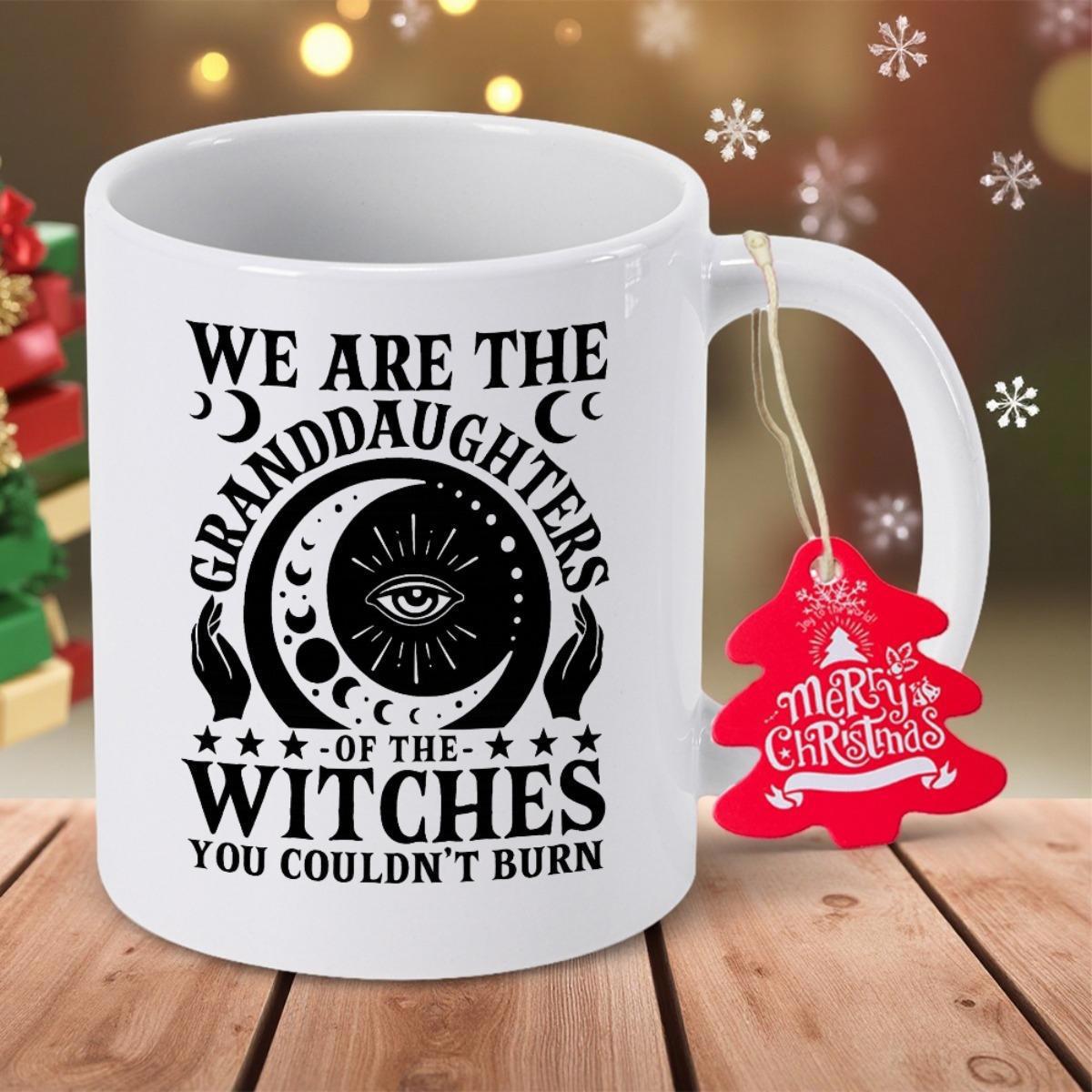 Tailorly White Ceramic 11 oz Mug - We Are The Granddaughters Of The Witches You Couldnt Burn Mystical Crescent Moon With Third Eye Surrounded By Celestial Stars