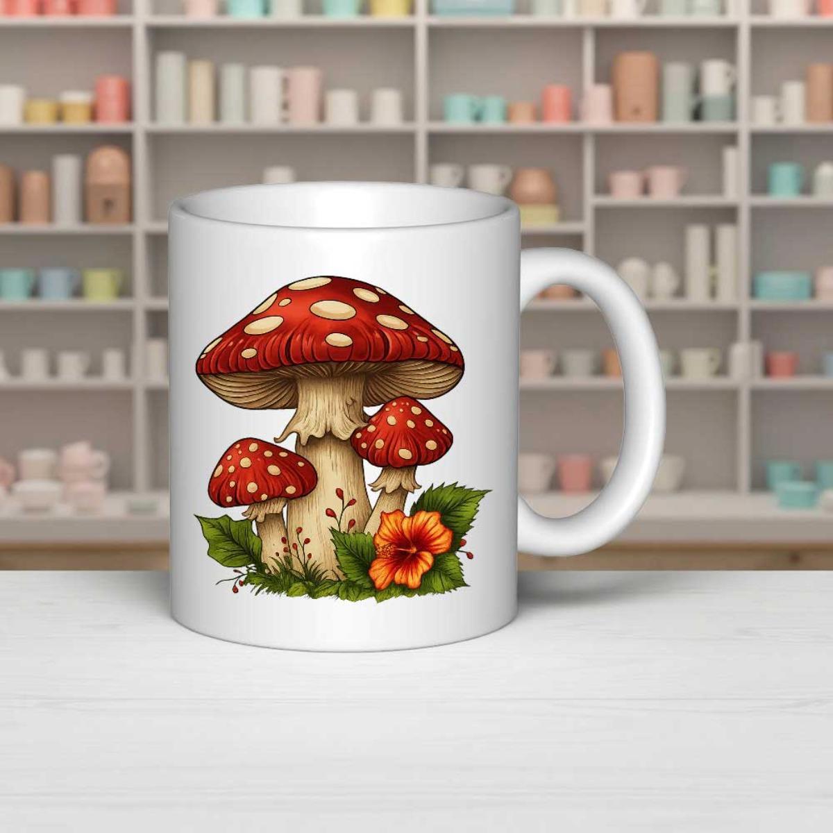 Tailorly White Ceramic 11 oz Mug - Vibrant Red Forest Fungi Among Green Foliage And Blooming Floral Mushroom