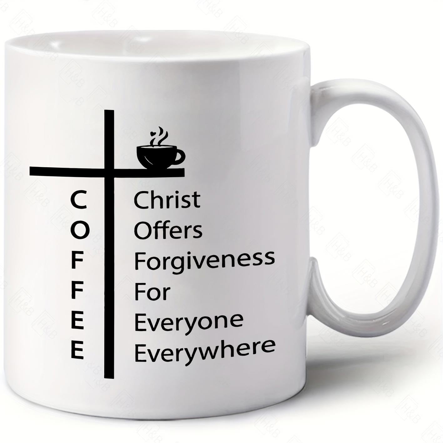 Tailorly White Ceramic 11 oz Mug - Coffee Christ Offers Forgiveness For Everyone Everywhere Religious Minimalist Spiritual Christian Symbol With A Steaming Cup