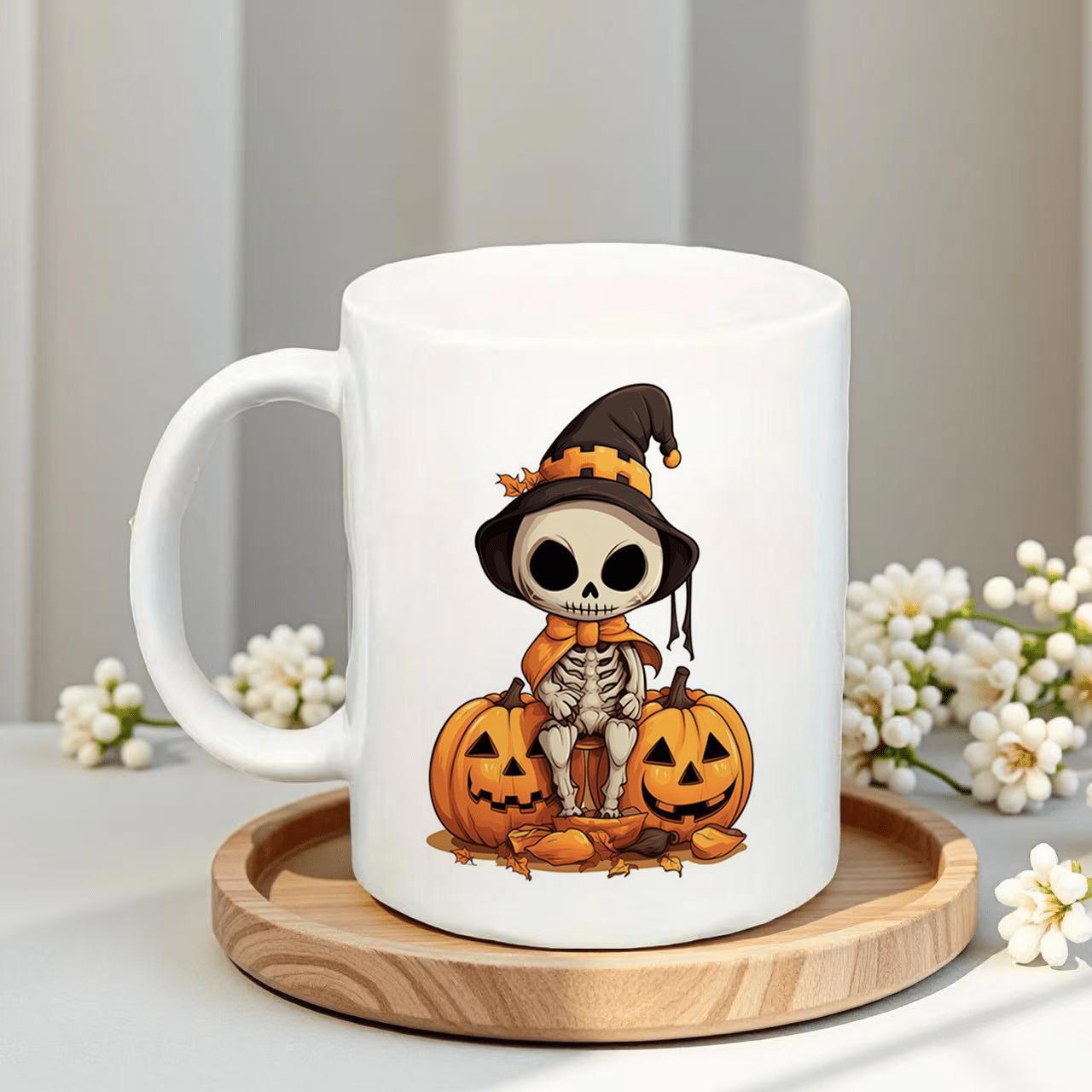 Tailorly White Ceramic 11 oz Mug - Adorable Cartoon Skeleton Wearing Witch Hat Sitting Between Carved Halloween Pumpkins Skeleton