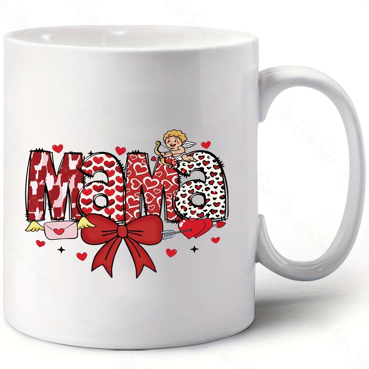 Tailorly White Ceramic 11 oz Mug - Mama Adorable Cupid Sitting On Decorative Letters With Red Hearts And Bow Cupid