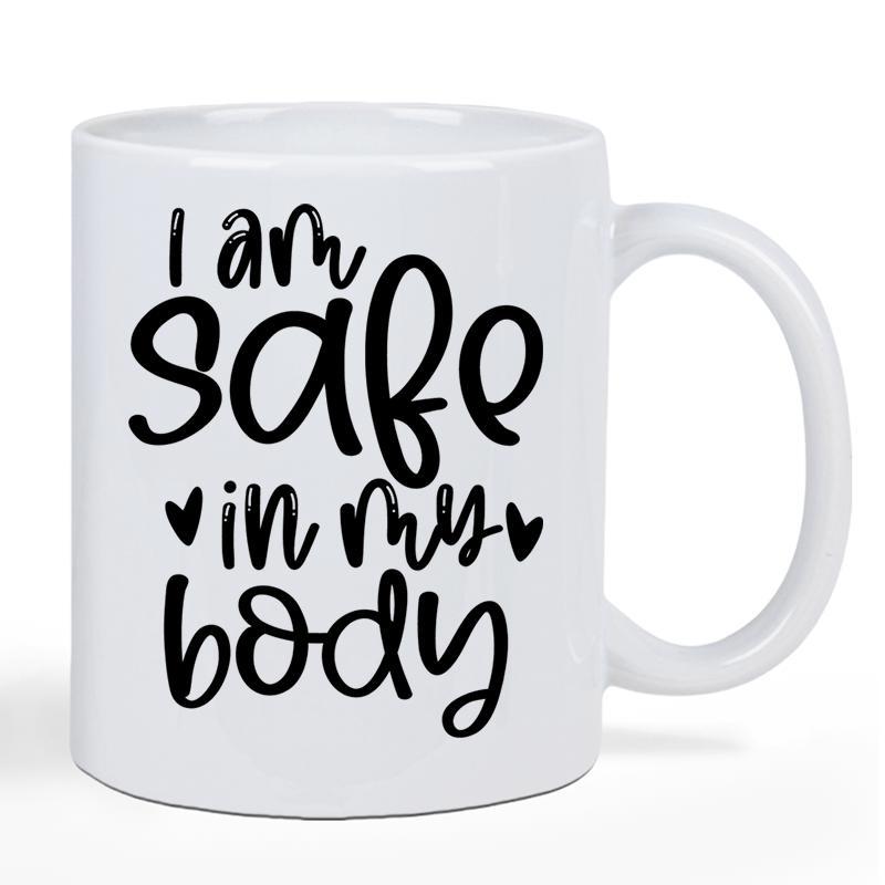 Tailorly White Ceramic 11 oz Mug - I Am Safe In My Body Minimalist Black Script Text With Small Hearts On Ceramic Mug