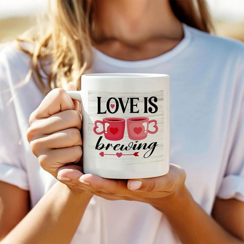 Tailorly White Ceramic 11 oz Mug - Love Is Brewing Two Sweet Coffee Cups With Red Hearts And Love Arrow Mug