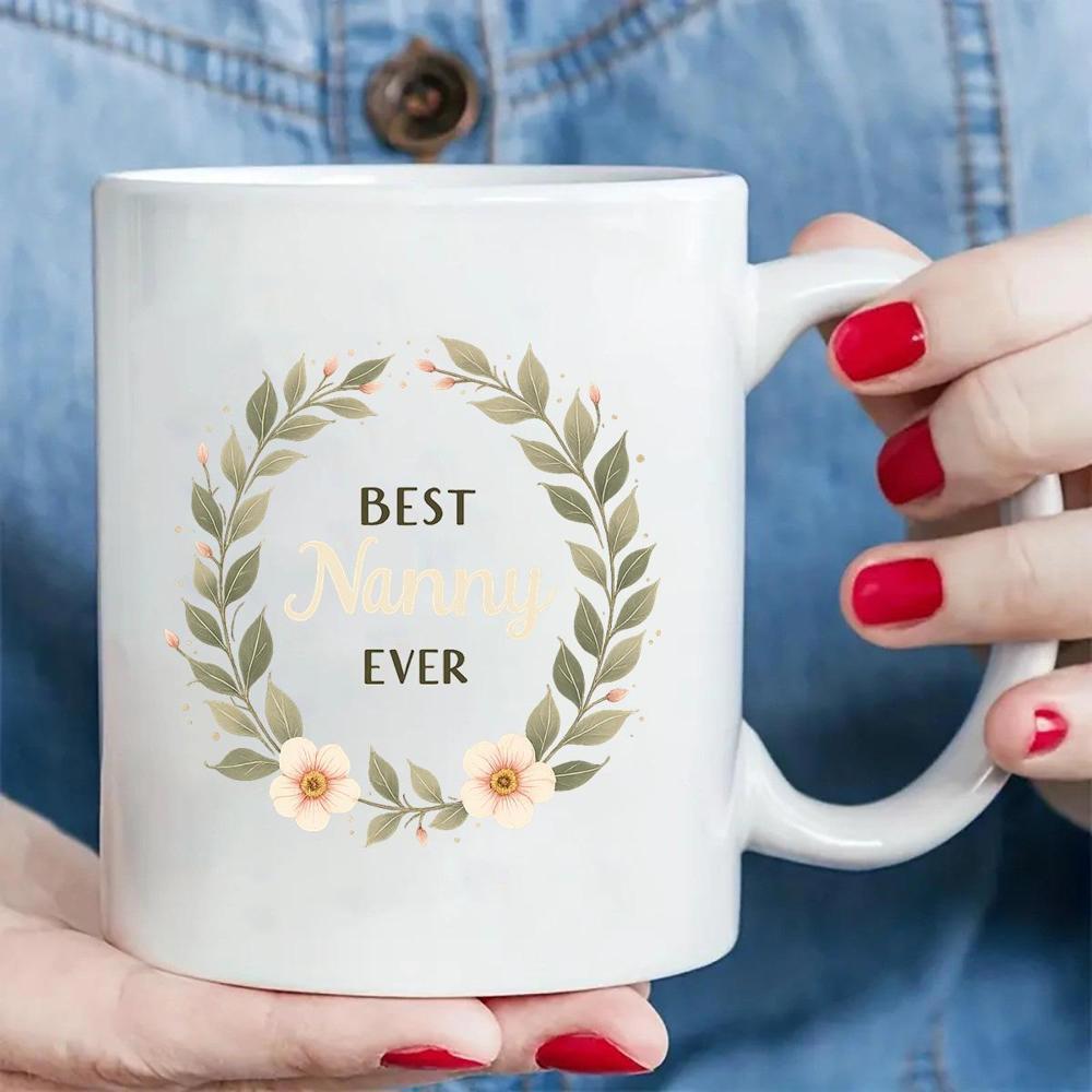Tailorly White Ceramic 11 oz Mug - Best Nana Ever Elegant Green Leafy Laurel Wreath With Delicate Peach Blossoms Wreath