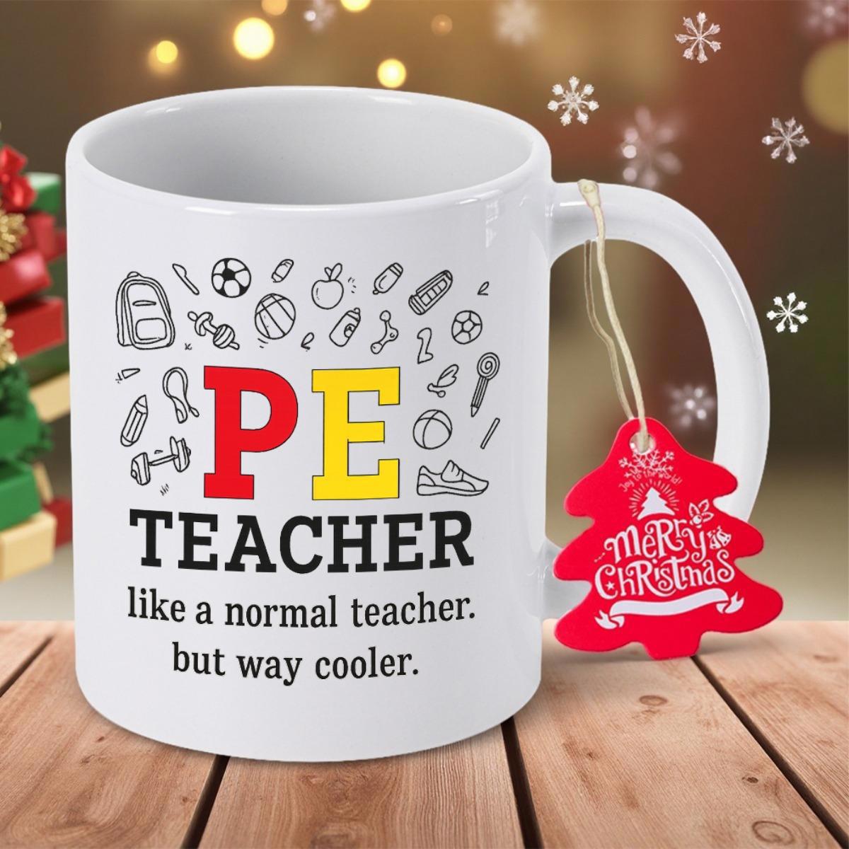 Tailorly White Ceramic 11 oz Mug - Pe Teacher Like A Normal Teacher But Way Cooler Ceramic Surface Decorated With Hand Drawn Sporting Equipment Graphics Artistic