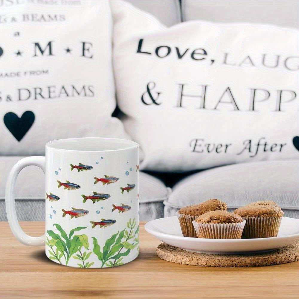 Tailorly White Ceramic 11 oz Mug - School Of Small Fish Swimming Over Vibrant Green Lush Aquatic Plant Fish
