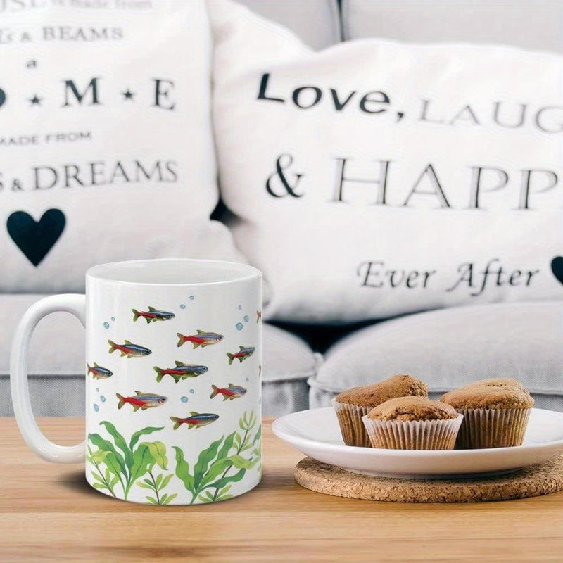 Tailorly White Ceramic 11 oz Mug - School Of Small Fish Swimming Over Vibrant Green Lush Aquatic Plant Fish