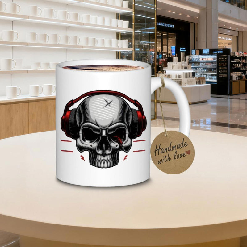 Tailorly White Ceramic 11 oz Mug - Gritty Metallic Wearing Red Modern Headphones With Electronic Themed Accents Skull