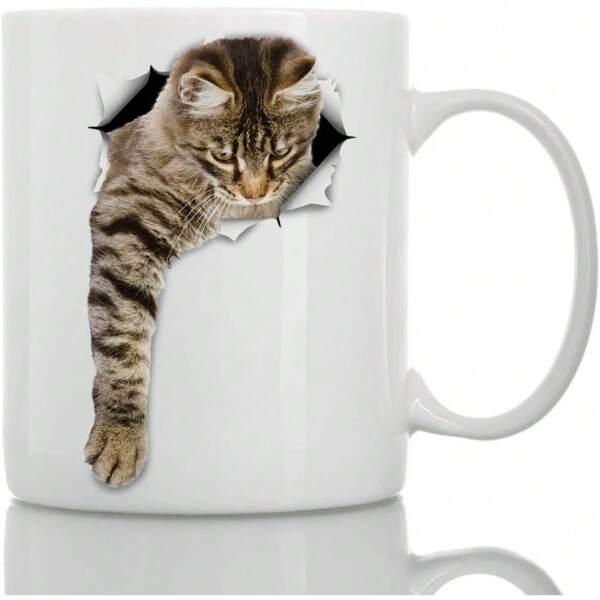 Tailorly White Ceramic 11 oz Mug - Realistic Brown Tabby Peering Through A Torn White Paper Hole Cat