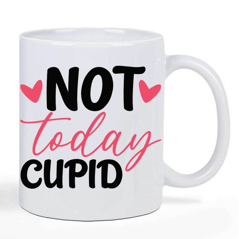 Tailorly White Ceramic 11 oz Mug - Not Today Cupid Clean White Minimalist Surface Featuring Delicate Pink Hearts Mug