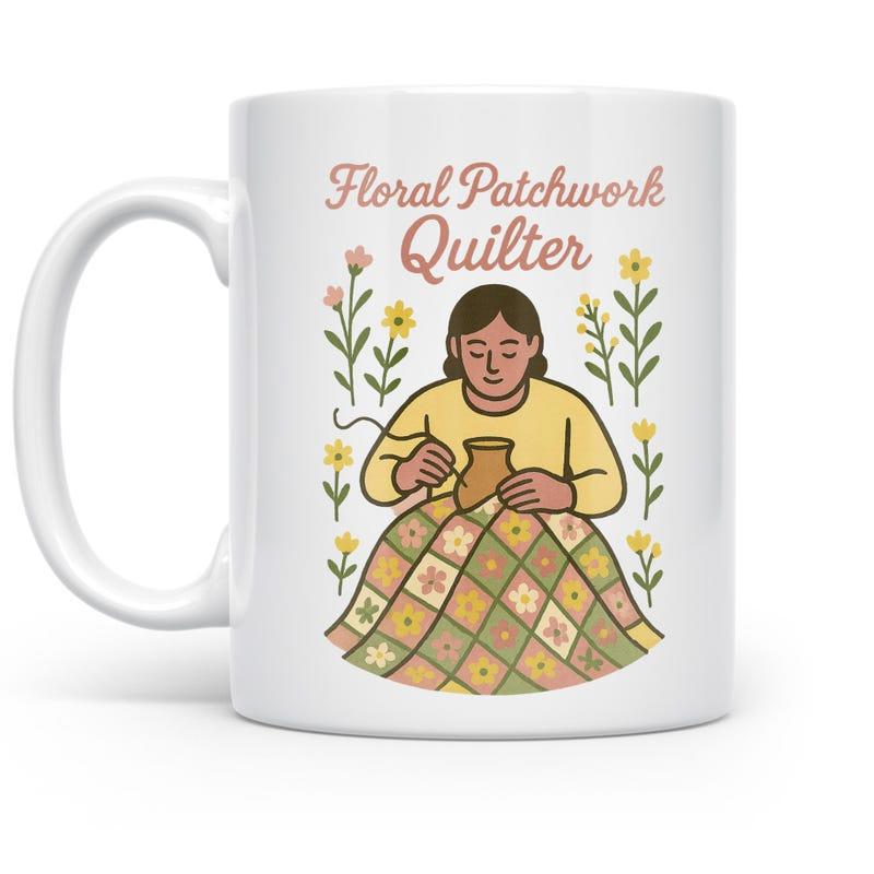 Tailorly White Ceramic 11 oz Mug - Floral Patchwork Quilter Peaceful Woman Sewing Intricate Patterned Blanket Surrounded By Yellow Blooming Flowers Quilter
