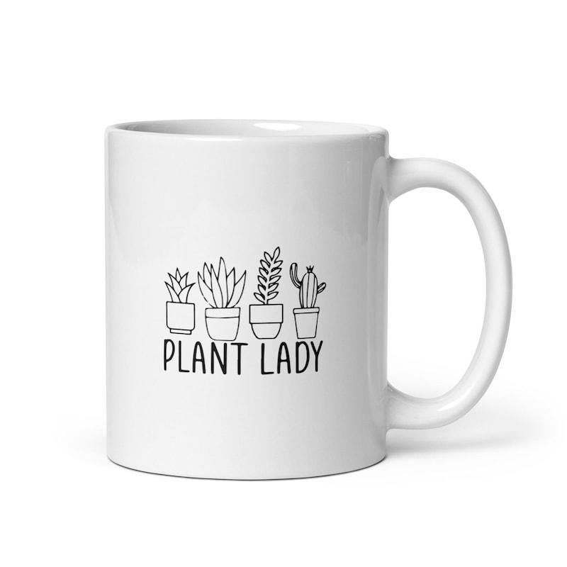Tailorly White Ceramic 11 oz Mug - Plant Lady Minimalist Potted Succulents And Cacti Drawn In Simple Line Art Plant