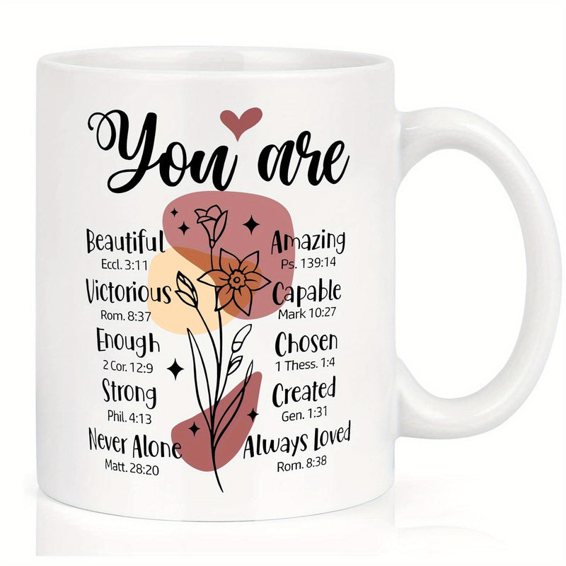 Tailorly White Ceramic 11 oz Mug - You Are Beautiful Amazing Capable Chosen Minimalist Line Art With Abstract Shapes And Sparkles Flower