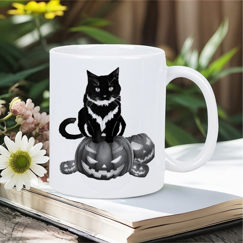 Tailorly White Ceramic 11 oz Mug - Sleek Black Feline Sitting Atop Grinning Carved Halloween Jack O Lanterns Cat