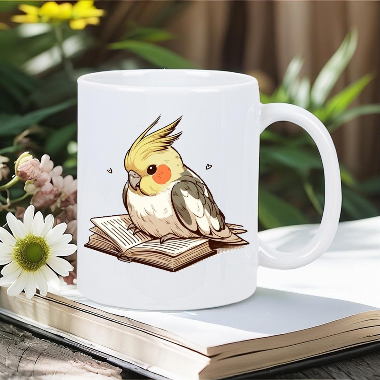 Tailorly White Ceramic 11 oz Mug - Adorable Hand Drawn Bird Resting On An Open Antique Paper Cockatiel