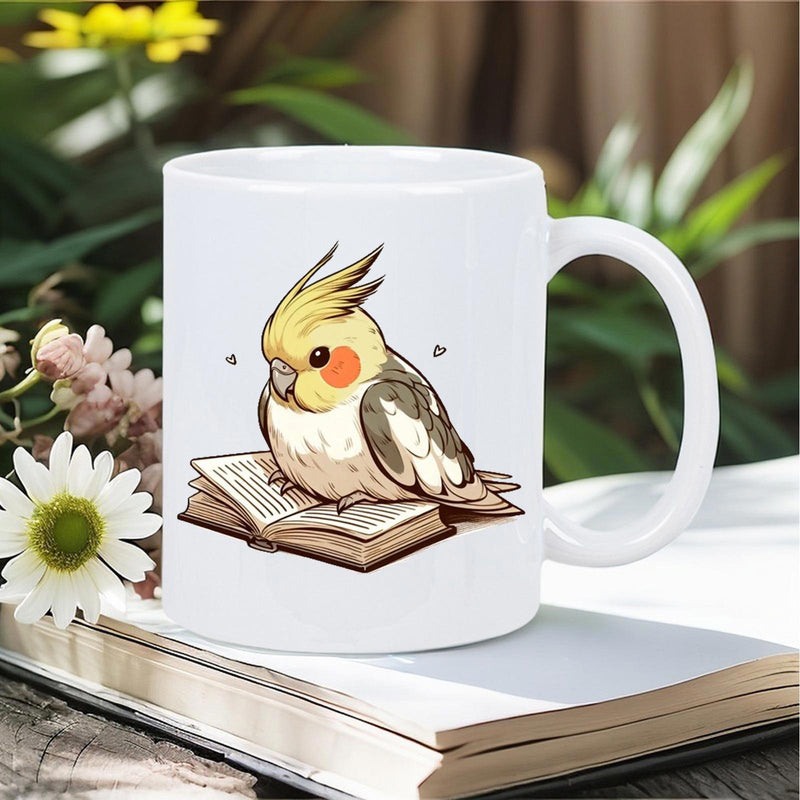 Tailorly White Ceramic 11 oz Mug - Adorable Hand Drawn Bird Resting On An Open Antique Paper Cockatiel