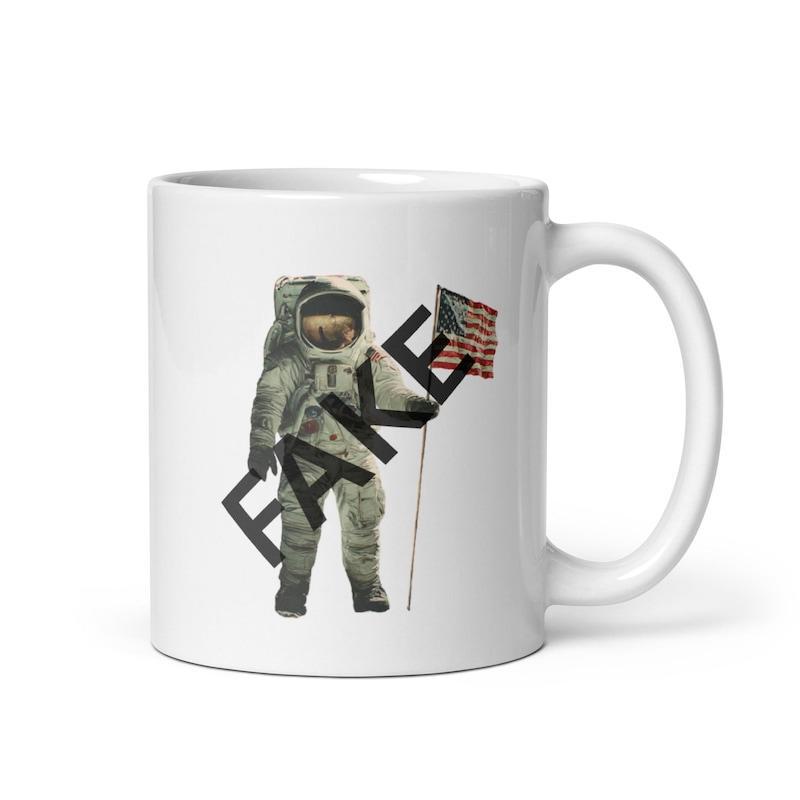 Tailorly White Ceramic 11 oz Mug - Fake Brave Space Explorer Holding American Flag In Deep Galaxy Astronaut