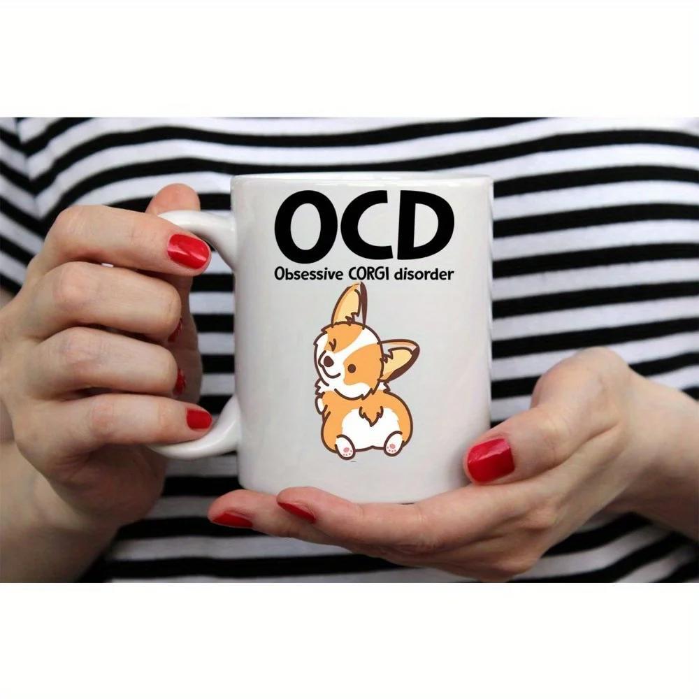 Tailorly White Ceramic 11 oz Mug - OCD Obsessive Corgi Disorder Small Adorable Hand Drawn Cartoon Puppy Sitting And Looking Back Joyfully Corgi