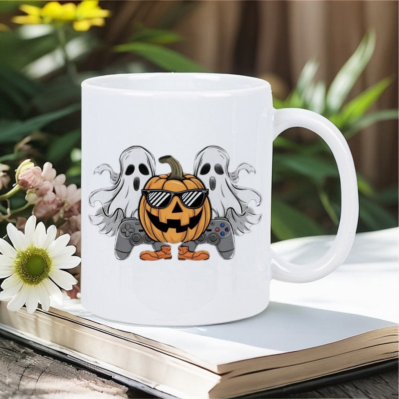 Tailorly White Ceramic 11 oz Mug - Cool Jack O Lantern Wearing Sunglasses Flanked By Two Spooky Gaming Pumpkin