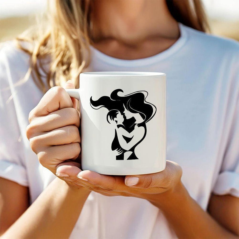 Tailorly White Ceramic 11 oz Mug - Minimalist Black Artistic Line Illustration Featuring A Romantic Embracing Couple