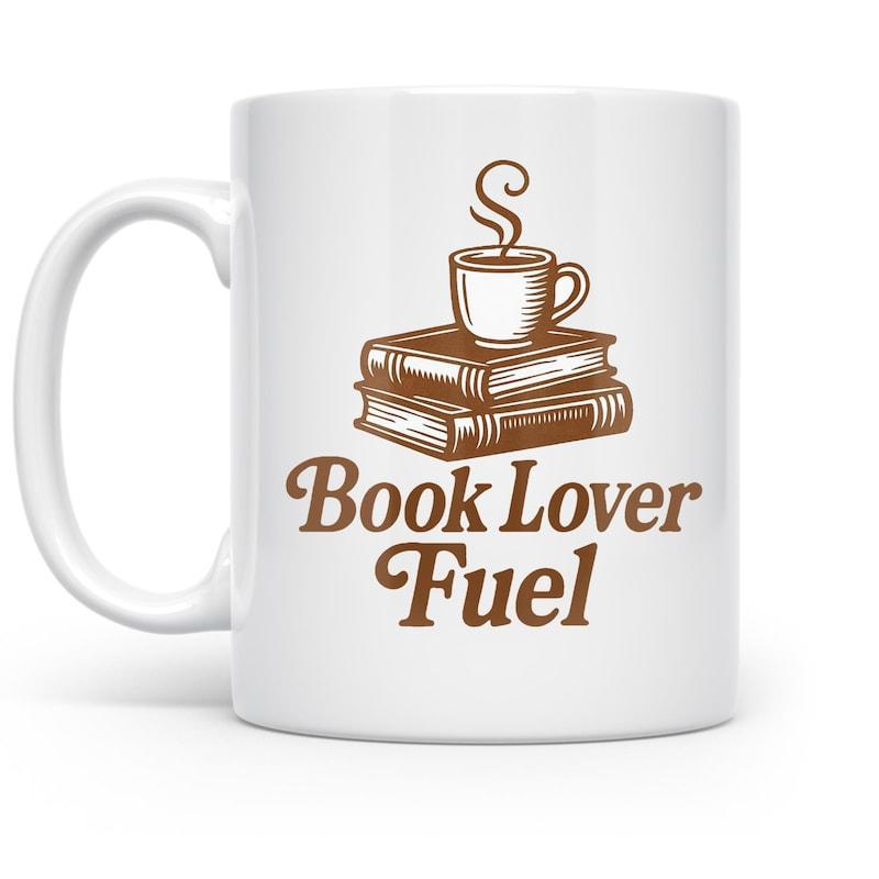 Tailorly White Ceramic 11 oz Mug - Book Lover Fuel Vintage Brown Illustration Of Steaming Hot Coffee Cup Sitting On Stacked Hardcover Books