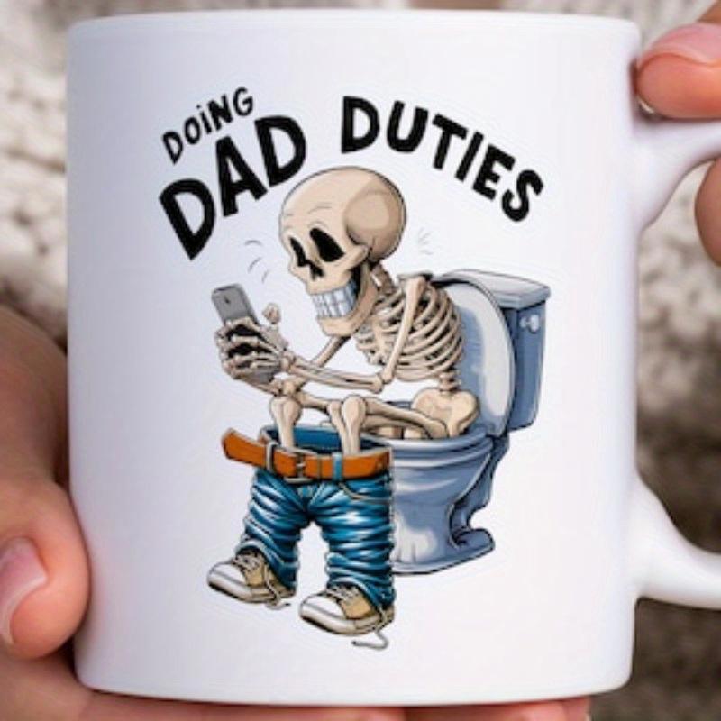 Tailorly White Ceramic 11 oz Mug - Doing Dad Duties Humorous Illustration Sitting On Toilet Using A Smart Phone Skeleton