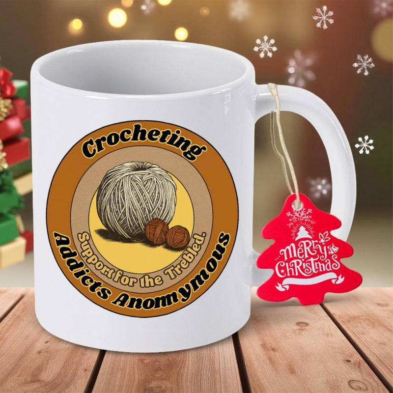 Tailorly White Ceramic 11 oz Mug - Crocheting Addicts Anonymous Support For The Trebled Textured Ball Of Wool Within A Classic Vintage Circular Frame Yarn