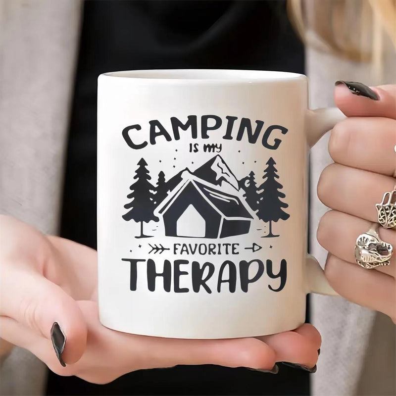 Tailorly White Ceramic 11 oz Mug - Camping Is My Favorite Therapy Silhouette Tent Set Among Pine Trees And Majestic Peaks Wilderness