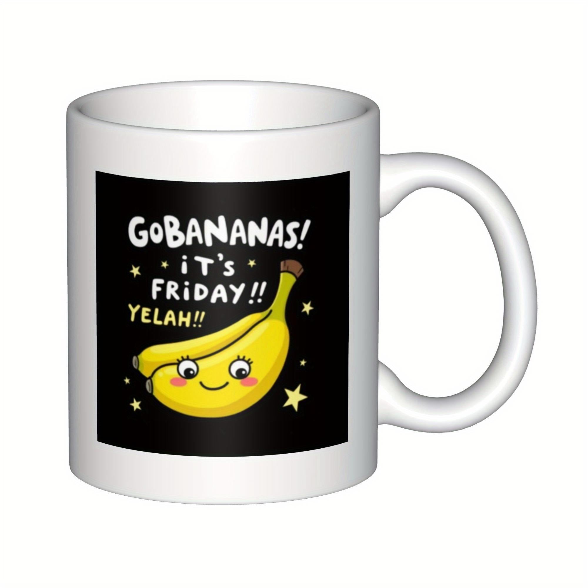 Tailorly White Ceramic 11 oz Mug - Go Bananas Its Friday Yeah Cheerful Smiling Yellow Cartoon Fruit Surrounded By Tiny Golden Stars Banana
