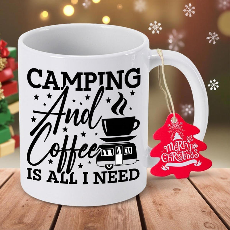 Tailorly White Ceramic 11 oz Mug - Camping And Coffee Is All I Need Retro Style Travel Trailer With Steaming Mug And Tiny Stars Trailer