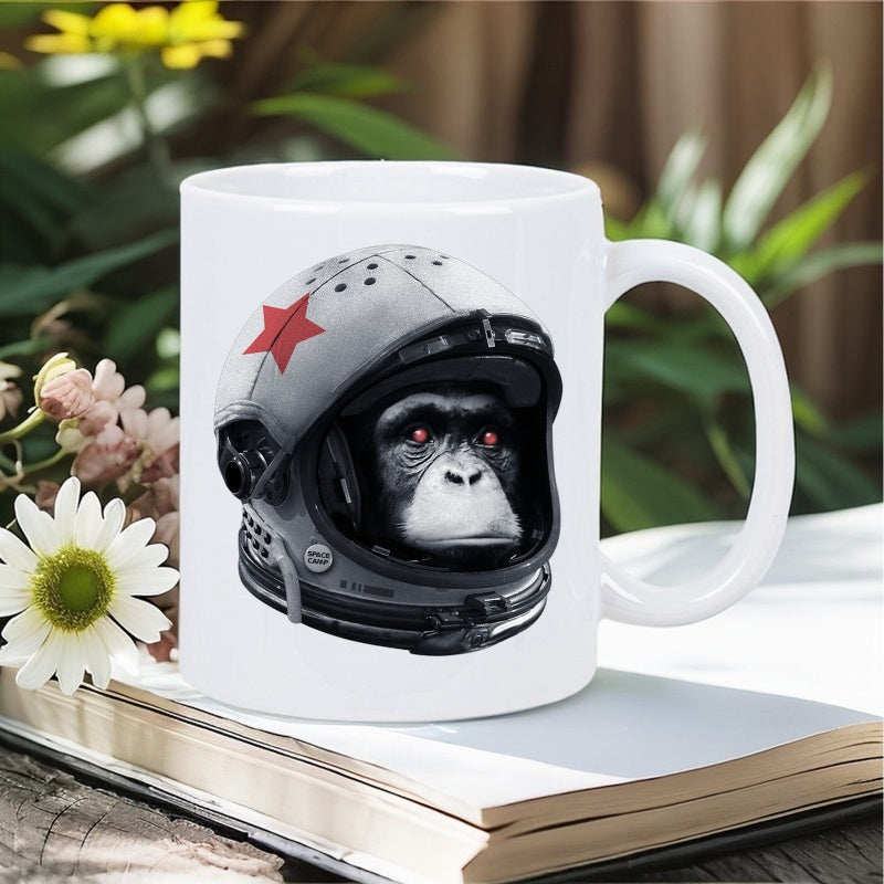 Tailorly White Ceramic 11 oz Mug - Intrepid Cosmic Explorer Wearing Detailed Astronaut Helmet With Red Star Chimpanzee
