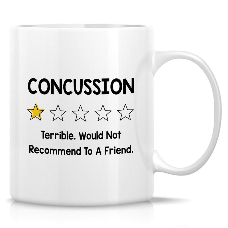 Tailorly White Ceramic 11 oz Mug - Concussion Terrible Would Not Recommend To A Friend Minimalist Five Star Review Style With Single Yellow Highlighted Star Star