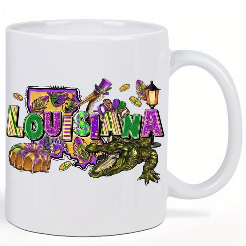 Tailorly White Ceramic 11 oz Mug - Louisiana Vibrant Mardi Gras Elements Featuring State Outline And Ferocious Alligator